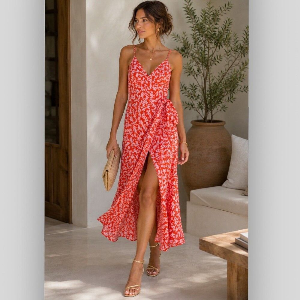 Karina Grimaldi Sofia Floral Wrap Maxi Dress Red Pink Size L NWT